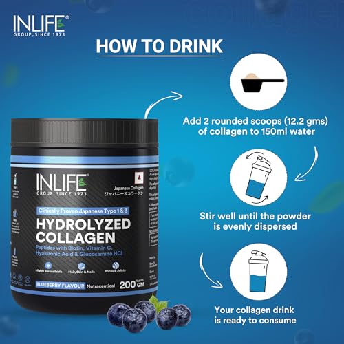 Image of INLIFE Japanese Collagen Powder | Hydrolyzed Collagen with Biotin & Hyaluronic Acid |Blueberry, 200g