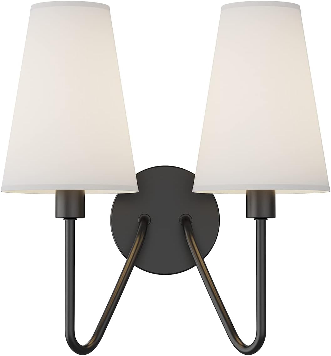 Electro bp;Double Head Classic 2 Lights Wall Sconces Lighting Fixture Black with Cream White Linen Fabric Lamp Shades E12 80W Hardwired;