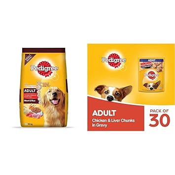 Pedigree Adult Dry Dog Food, Meat & Rice, 10kg Pack & Pedigree Adult Wet Dog Food, Chicken & Liver Chunks in Gravy, 70 g (Pack of 30)