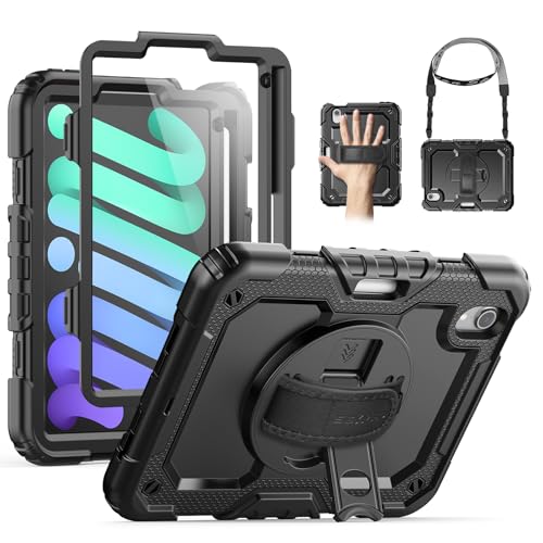 SEYMAC Funda para iPad Mini 7(A17 Pro)/Mini 6 de 8.3 Pulgadas 2024/2021, con Protector de Pantalla, Soporte Giratorio de 360°, Correa de Hombro Ajustable, Soporte para Lápiz, Negro