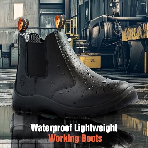 Mens Work Boots,Slip On Steel Toe Chelsea Safety Boots,Waterproof Puncture-Resistant,Durable Comfortable Breathable Non Slip for Construction Industrial4