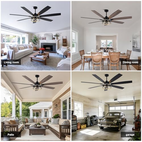 Image of 72 Inch Farmhouse Ceiling Fan with Lights Large Rustic Ceiling Fan Wood Caged Fandelier Chandelier Light for Indoor Outdoor, 7 Dual Blades 3 E26 Bulbs, Reversible Quiet DC Motor 6 Speeds