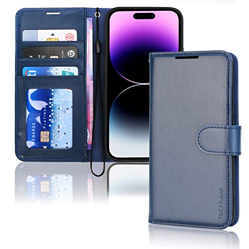 TECHGEAR iPhone 14 Pro Leather Wallet Case Flip Protective Case Cover with Wallet Card Holder Stand and Wrist Strap - Blue PU Leather with Magnetic Closure Designed for iPhone 14 Pro 6.1