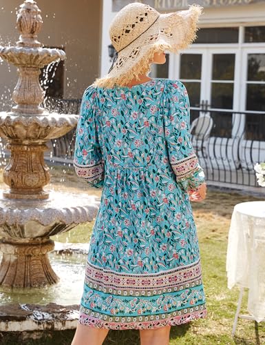 Image of Bluetime Women Casual Summer Dress Boho V Neck 3 /4 Sleeve Babydoll Floral Print Flowy Beach Dress
