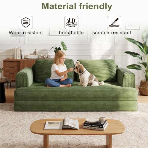 Sofá cama 2 plazas modular de 160 cm, sofá de suelo de pana verde con cojín cómodo 6