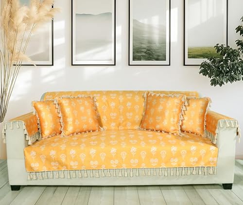 Image of ishro home Premium Sofa Cover 1 Seater Protecter with 2 Handle Covers - Soft European Standard Fabric, Frill Design, Machine Washable | (Tulip Mustard, 1 Seater)