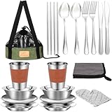 Camping Mess Kit - 23Pcs Camping Dishes Includes Cups, Bowls, Knives, Forks, Spoons, Camping Dinnerware Set Camping Cooking Utensils Accessories Plates Dinnerware Set
