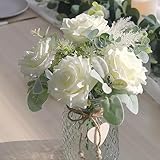 HOHOTIME Artificial Flowers with Vase, White Silk Roses Fake Flower Arrangement with Eucalyptus, Faux Plant Vase for Home Office Dining Table Centerpiece Coffee Table Decor Farmhouse Decoration