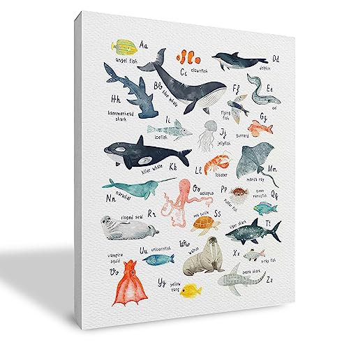Image of Qvapt Ocean Animals Alphabet Framed Canvas Prints Wall Art,Nautical Ocean Sea Animals Alphabet Wall Art Decor For Nautical Kids Room Nursery Playroom(11x14inch)