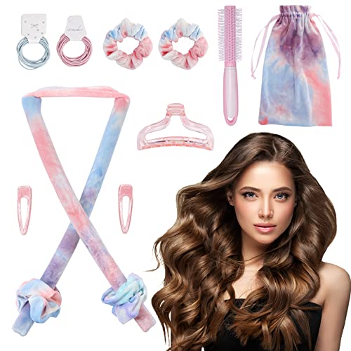 Whaline 10Pcs Heatless Hair Curlers Kit No Heat Velvet Curling Rod with Hair Scrunchies Hair Claw Clips Hairpin Hair Ropes Curling Comb Storage Bag for DIY Hairstyles Women Girl, Pink Blue