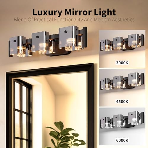 Image of 20.8 inch Modern Black Bathroom Vanity Light 3 Light Bathroom Light fixtures Cordless LED Vanity Light, 3000K /4000K /6000K Adjustable Wall Light with Smoke Gray Glass for Restroom,Bedroom,Kitchen