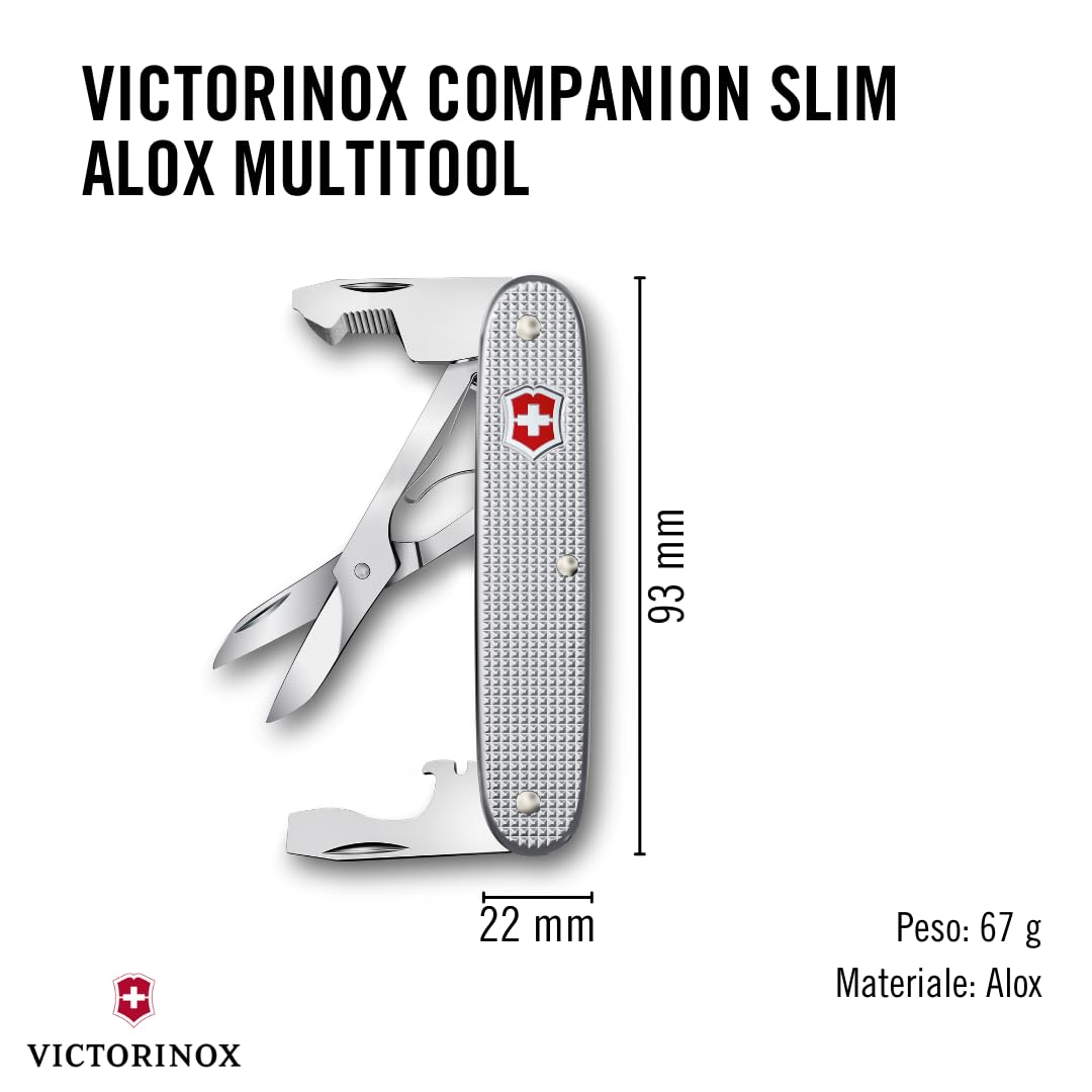 Victorinox Companion Slim Alox, Multiuso, Tascabile, 6 Funzioni, incl. Forbici, Strumento per apertura pacchi, Cacciavite, Swiss Made, Argento