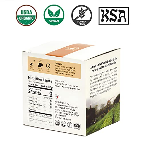[Sugimoto Tea] Organic Matcha Genmaicha Tea Bags, Authentic Japanese Green Tea Blend With Roasted Rice, Award-Winning Taste & Aroma, 12 Compostable Pyramid Bags (1.06 Oz) #TOP1