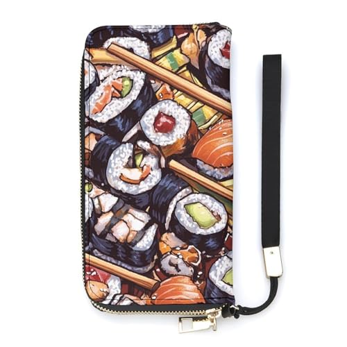 Sushi Rolls Stacked Women's Leather Clutch Wallet with Zip Card Holder Hand Strap Large Capacity