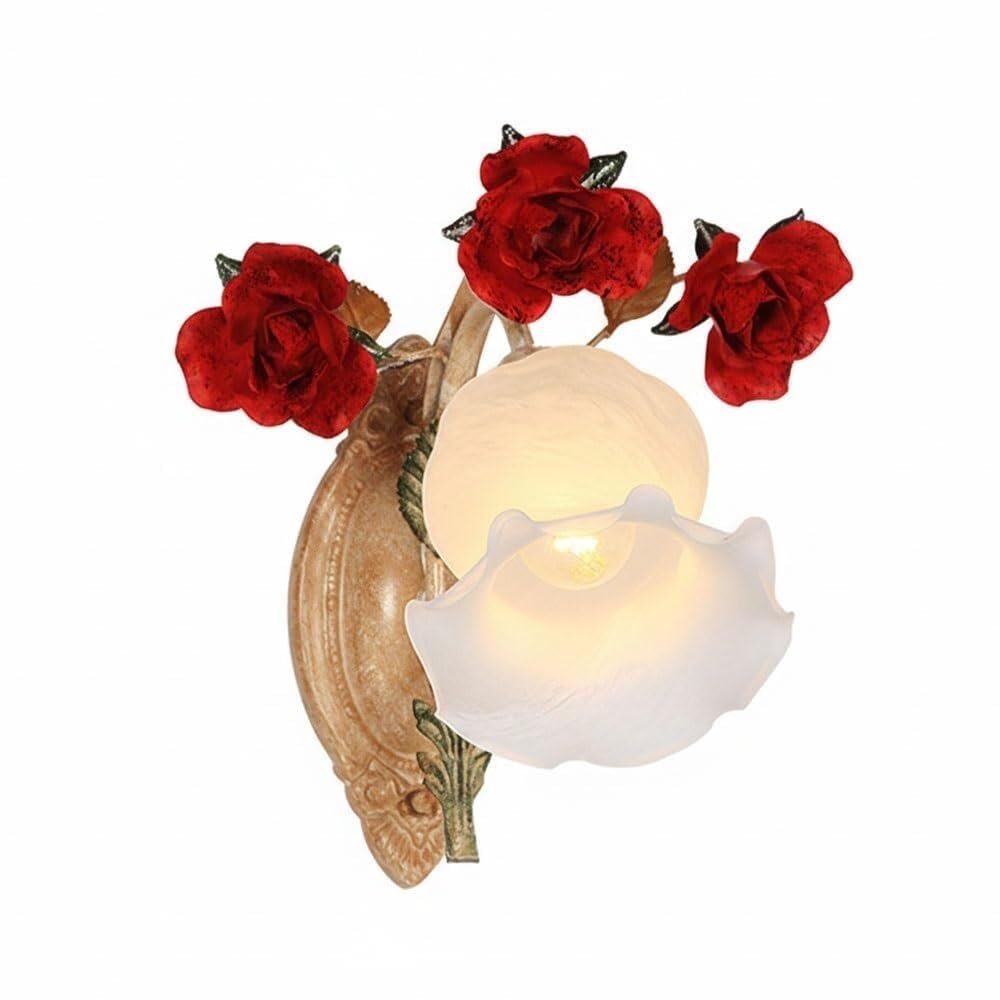 Aplique Pared Hierro Flores Vintage Rosa Estilo Campo Francés Lámpara Mural | Aplique decorativo interior casquillo E27 con pantalla cristal esmerilado
