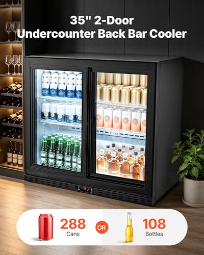 Image of VEVOR Back Bar Cooler, 7.4 Cu. Ft Commercial Beverage Refrigerator, Under Counter Bar Fridge with 2 Sliding Doors, LED Lighting, Adjustable Shelves, Low-E Glass Display Cooler for Beer, Wine, Drink