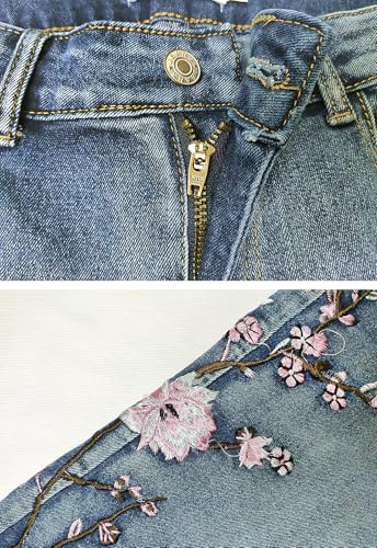 ebossy Women's Embroidery Floral Boot Cut Jeans Retro High Waist Slim Horseshoe Denim Pants4