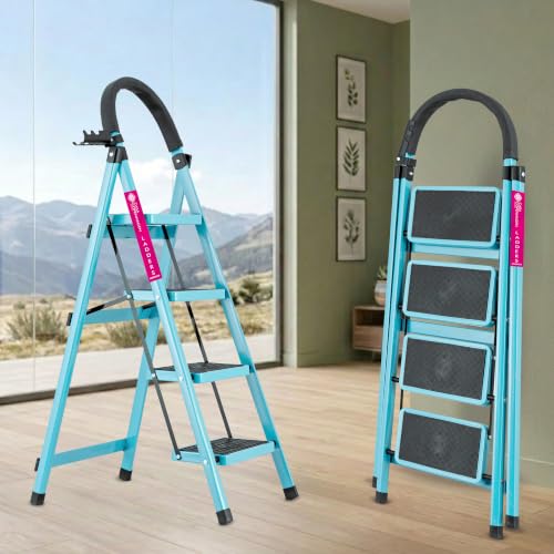 Image of Casa Copenhagen Teal Blue 4 Step Ladder for Home Use with Built-in Tool Tray | Heavy Duty D Shape Rods | Ultra Large Platform | Wide Rubber Feet | 150Kg Capacity Foldable Ladder - 7 Years Warranty