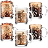 Maxcheck 6 Pack 12 oz Christmas Coffee Mugs Gingerbread Glass Cups Xmas Gifts Bulk Clear Drinking Wine Glasses with Handle for Xmas Party Supplies Decorations
