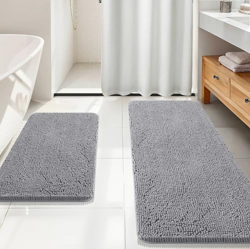 Image of OLANLY Bathroom Rugs Sets 2 Piece, Soft Absorbent Chenille Bath Mats Area Rug Set, Non-Slip, Quick Dry, Machine Washable Bath Mats for Bathroom, Home Decor Accessories (59 inchx20 inch+30 inchx20 inch, Grey)