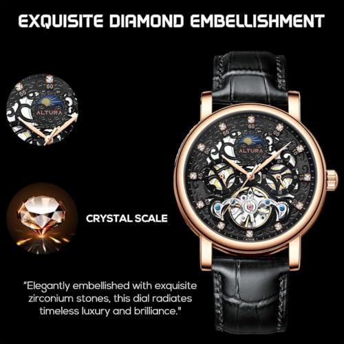 Image of ALTURA Celestial Series Automatic Skeleton Analog Watch For Men|3D Hollow Dial,Diamond Embellishment,Day /Night Subdial,Flywheel,Transparent Back,Leather Strap|Gift For Men