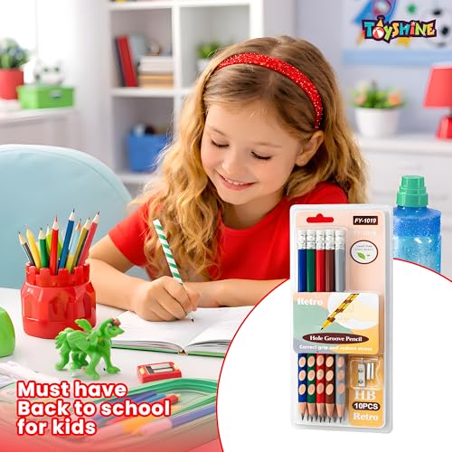 Image of Toyshine HB Pencil Set with Erasers on Top | Pack of 10 Round Hole Groove Grip Pencils with Sharpener & Pencil Cap | Comfortable Writing School Stationery for Kids & Students