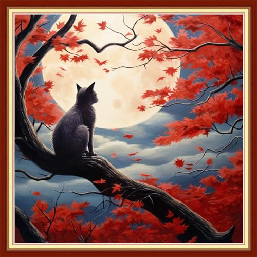 Image of Disxvivy Cross Stitch Stamped Full Embroidery Kits DIY 11CT Cotton Thread Printed DIY Needlepoint Kits Craft Needlework Set Cross-Stitch Stamped Sets-Cats Admiring Moon 18x18 inch