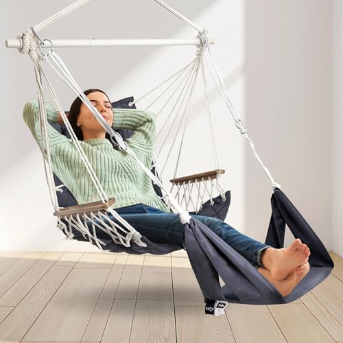 Image of Patio Swing Chair with Adjustable Footrest & Headrest-Quilted Fabric&Steel Spreader Bar,Wooden Armrest for Porch /Garden;350lbs Capacity;Hardware kit Included Dark Grey