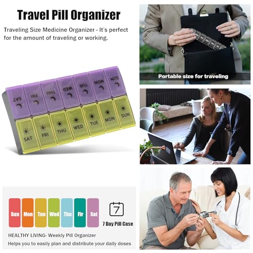 Image of Large Pill Organizer 2 Times a Day, Weekly Pill Case, AM PM Pill Box, Day Night Pill Container 7 Day, Vitamin Case Medicine Dispenser Twice a Day (Yellow & Purple)