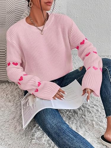 Image of Women's Casual Heart Cute Sweater Round Neck Drop Shoulder Long Sleeve Knitted Pullover Sweater Top