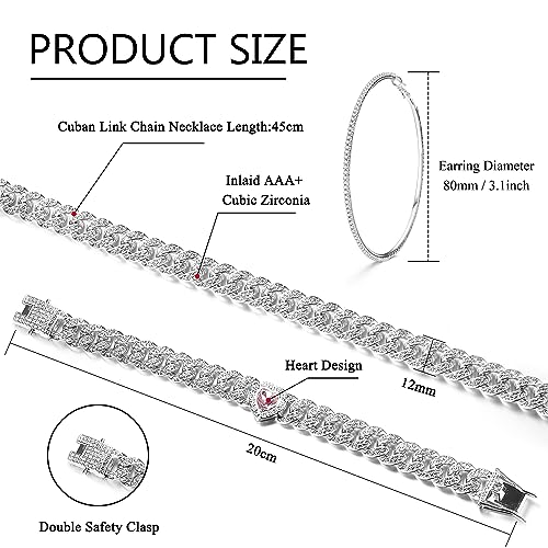 ORAZIO Cuban Link Chain Jewelry Set Cuban Chain Necklace Cuban Link Bracelet Rhinestone Hoop Earrings Gold/Silver Iced Out Chain Heart CZ Clear Cuban Link Chain Big Circle Earrings Hip Hop Cuban Link Chain For Women2