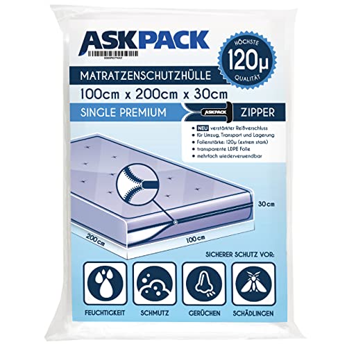 ASK Pack Housses Matelas • 7 Tailles • Fermeture Eclair Ancre • Resistant dechirure • Impermeable • Ideal demenagement & Transport • Film Resistant jusqu'a 120µ (100 cm x 200 cm)