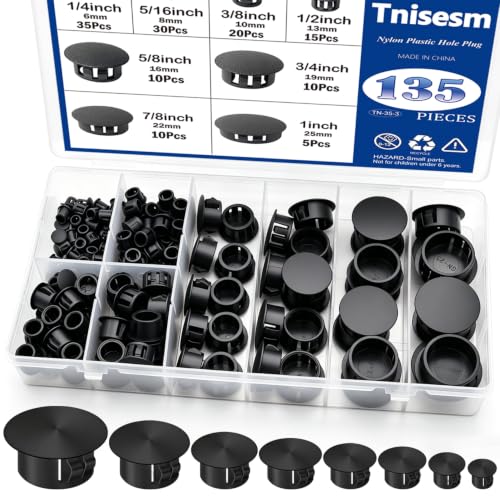 Tnisesm 135Pcs 8 Sizes Nylon Plastic Hole Plugs Black 1/4 5/16 3/8 1/2 5/8 3/4 7/8 1 Round Drill Hole Furniture Cabinet Insert End Caps Industrial Hardware Biscuits & Plugs