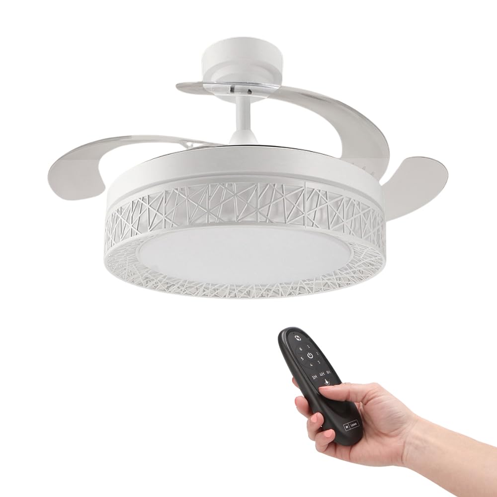 M Ledme - Ventilador de Techo Led White Aqua 66W con luz, mando a Distancia, Bajo consumo, motor DC 30W+Luz Led 36W, 6 velocidades, Silencioso, 4 Aspas desplegables, verano-invierno, temporizador