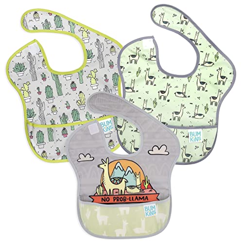 Image of Bumkins Bibs for Girl or Boy, SuperBib Baby and Toddler for 6-24 Months, Essential Must Have for Eating, Feeding, Baby Led Weaning Supplies, Mess Saving Catch Food, 3-pk No Prob-Llama, Cactus, Llamas