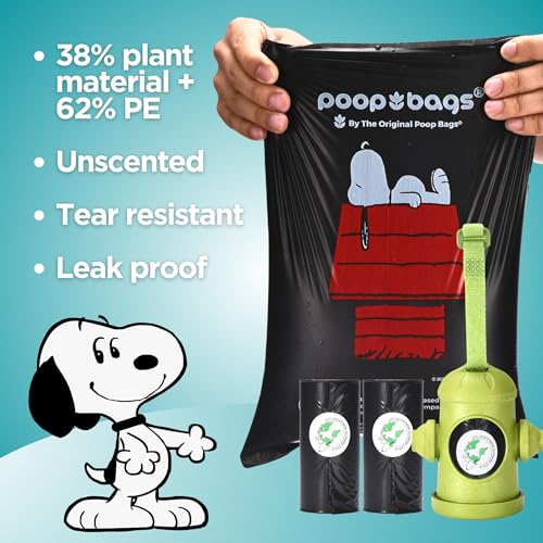 Image of The Original Poop Bags Peanuts Snoopy Dispenser with Leash Clip, Including 15 Count USDA Certified 38% Biobased, Unscented Pet Waste Bags