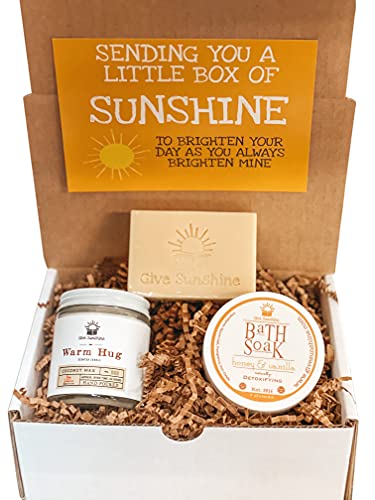 A Little Bit of Sunshine Box with "Warm Hug" Candle, Goat Milk Citrus Soap, Honey & Vanilla Bath Soak, and Sunshine Notecard
