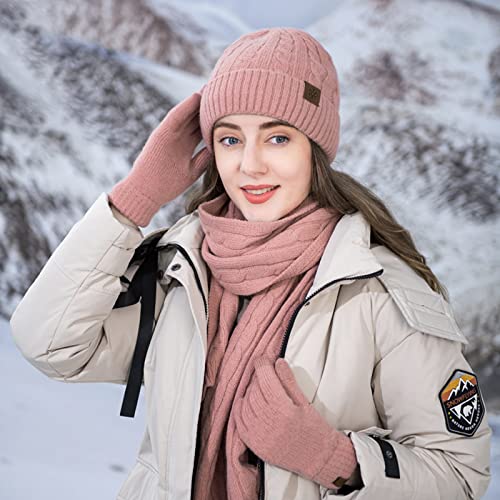 Winter 3 in 1 Scarf Hat Glove Set Cable Knit Beanie Hat Long Scarf Touch Screen Gloves Chunky Knit Warm Fleece Lined2