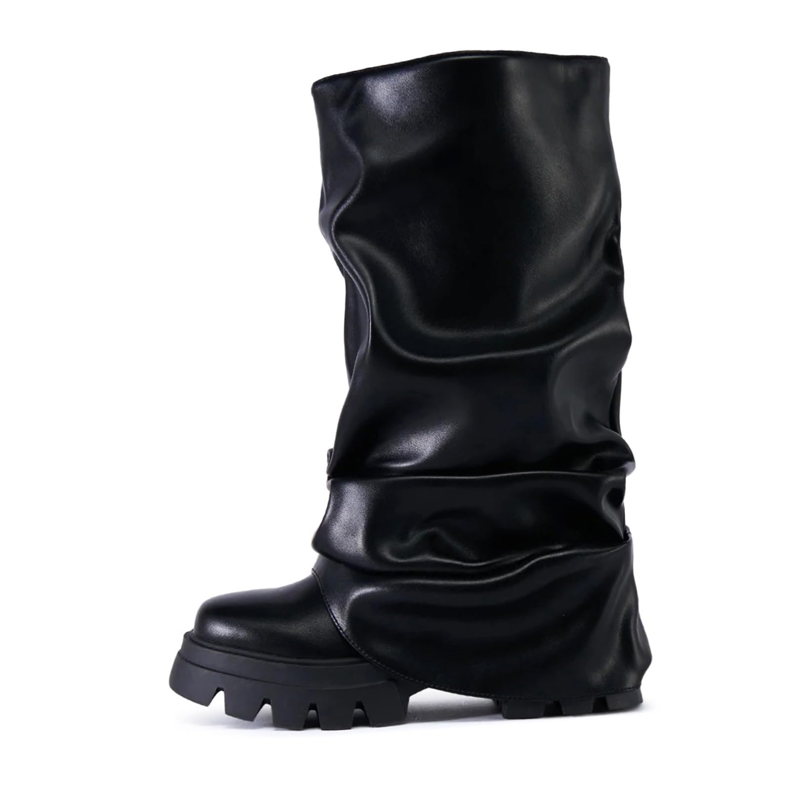 MICIFA Womens Fold Over Boots Platform Slouchy Wide Calf Boots for Women Chunky Heel Ruched Round Toe Riding