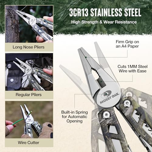 Image of MOSSY OAK Multitool, 22-in-1 Stainless Steel Pliers with Screwdriver Sleeve, Camo Steel Handle, Self-locking Knife with Sheath-Perfect for Outdoor, Survival, Camping, Hiking, Simple Repair