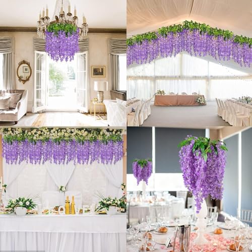 Image of SATYAM KRAFT 6 Pcs (43.2 inch) Artificial Wisteria Vine Garland | Long Silk Hanging Flowers String for Wedding Decoration Items, Shaadi Mandap, Birthday, Festival Event & Home Decor (Dark Purple)