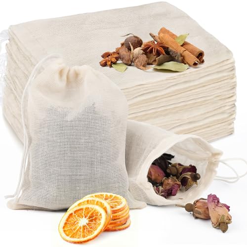 GliSun 50 Pcs Muslin Drawstring Bags Reusable Tea Bags 4 x 3 Inch