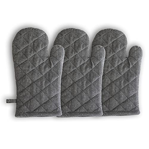 Image of 3 Oven Gloves, Cotton Heat Resistant Oven Mitts Kitchen Gloves for Cooking, Baking | Heat Proof, Durable, Free Size (Grey)
