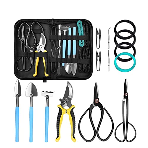 Juego de herramientas para bonsái, 13 piezas de acero al carbono para suculentas, kit de herramientas de podar, tijeras, mini rastrillo, pala redonda y puntiaguda y alambre de entrenamiento en bolsa