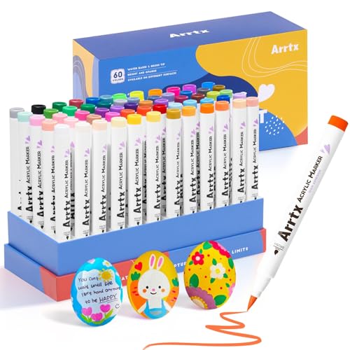 Arrtx 60 Colours Acrylic Markers Paint Pens, Paint Marker Pens Brush Tip,Permanent Rock Painting Pens for Wood, Canvas, Stone, Rock Painting, Glass, Ceramic, DIY Crafts Making Art Supplies