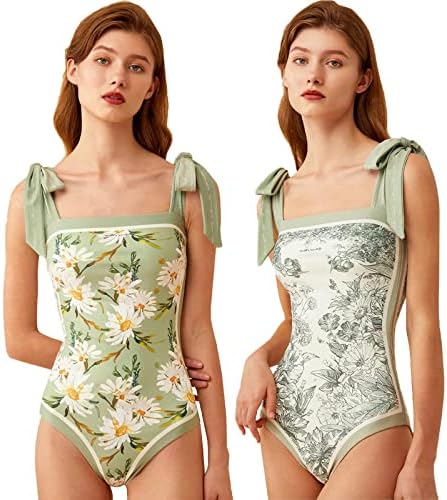 Floral One Piece Bathing Suits for Women Swimsuits Tummy Control,Reversible Tie Shoulder Monokini, Square Neck Swimwear,Green L