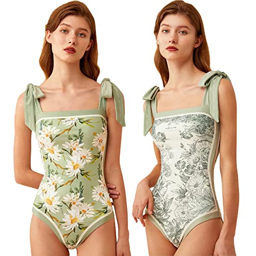 Floral One Piece Bathing Suits For Women Swimsuits Tummy Control,Reversible Tie Shoulder Monokini, Square Neck Swimwear,Green L #TOP14