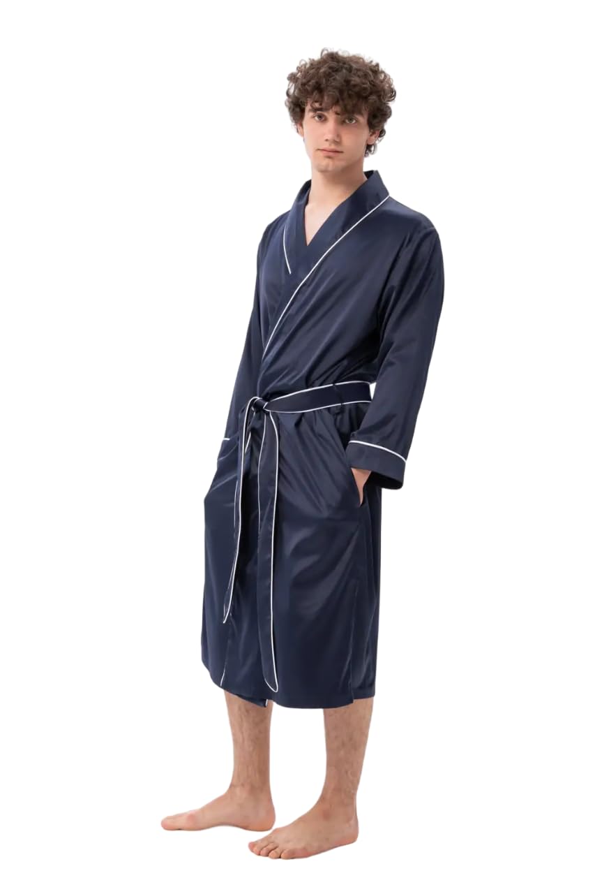 bellababebysk Luxury Satin Robe with Contrast Piping Soft Fabric | Side Pockets | Double Belt Closure | Size S to 3XL | Durable Thick Satin | Dress Gowns | Loungewear | Nightwear (XL, Blue)-picture-41