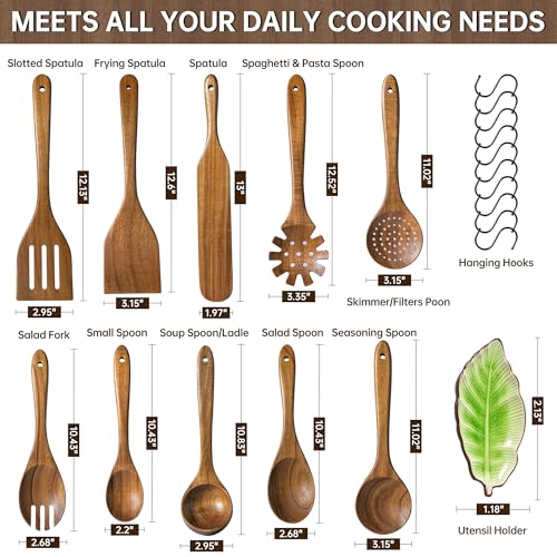 FYCTIO Wooden Utensil Set 11 Pcs - Natural Non-Toxic Acacia Wooden Spoons for Cooking, Nonstick, Sturdy, Easy to Clean, Wood Kitchen Utensils Set with Ceramic Spoon Rest & 10 Hooks, Ideal for Gifting — view 3