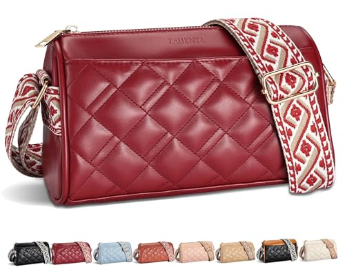 ZAUKNYA Small Crossbody Bags for Women, Quilted Vegan Leather Cross body Purse Shoulder Handbags with Wide Guitar Strap (ZZ-Red)